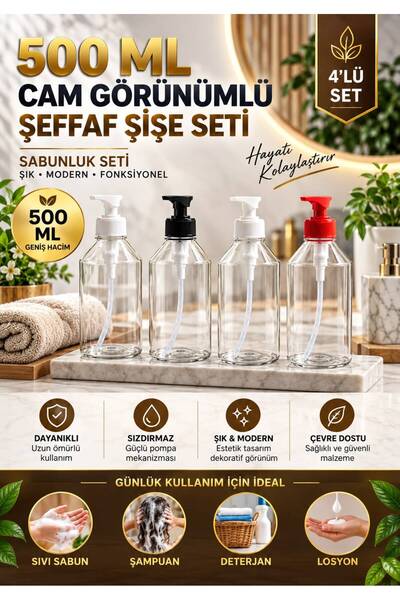 NEXVORİA 500 ML Cam Görünümlü Şeffaf Pompalı Şişe 4’lü Set – Sıvı Sabun, Şamp...