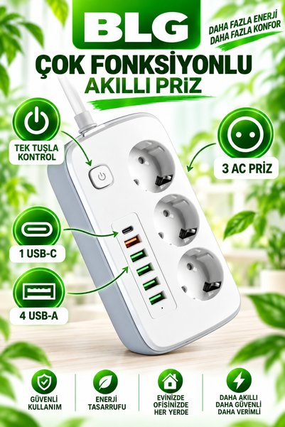 BLG ELEKTROİNK 2 Metre Akıllı Çoklu Priz 3’lü Topraklı Soket 1 USB-C 4 USB-A ...