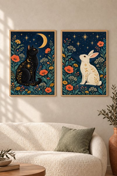 HOPE DİZAYN Siyah Kedi ve Beyaz Tavşan Ahşap Çerçeveli İkili Dekoratif Duvar ...