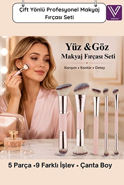VeldaTech Velda Tech 5 Parçalı Çift Taraflı Makyaj Fırça Seti - 9 Fonksiyonlu...