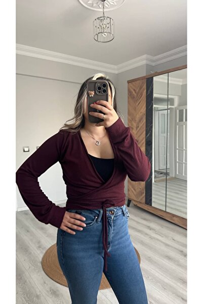 Butik Kruvaze Bağlamalı Uzun Kollu Triko Bluz - Bordo