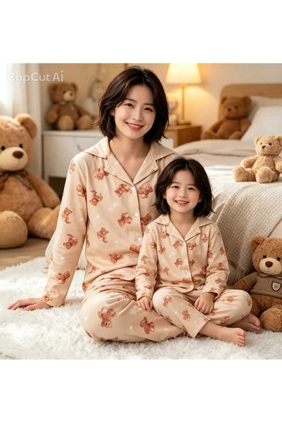 NiCe İç Giyim Mother-Daughter Matching Pajama Set with Teddy Bear Pattern, Long Sleeve, Comfortable, Soft, Fun Home Wear Set (Sold Separately)
