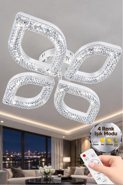 Lüxev Lighting Flora Model Beyaz 4"lü Ledli 3 Renk Modu Kristal Salon Mutfak ...