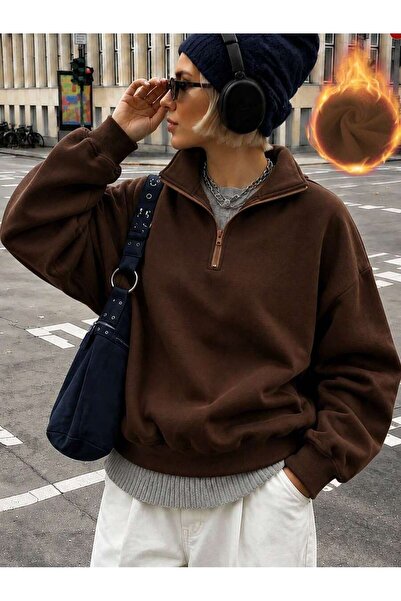 SeusCraft Kahverengi Desensiz Düz Fermuarlı Sweatshirt - Oversize Dik Yaka