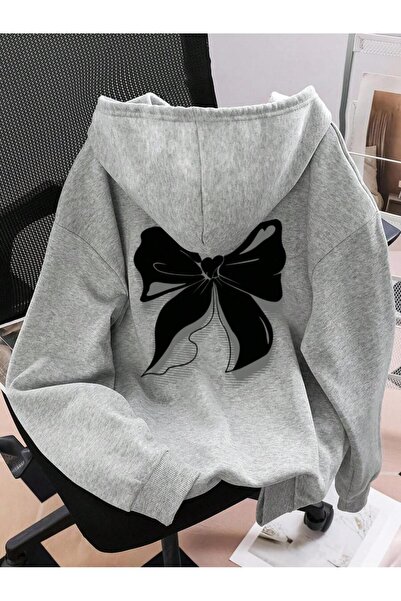 SeusCraft Gri Sırt Büyük Kurdele Sweatshirt - Baskılı Oversize Şardonlu Kapüşonlu