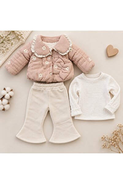 Pure Boutique Costum bebe 3 piese roz pudra cu geaca imblanita, bluza si pantaloni evazati