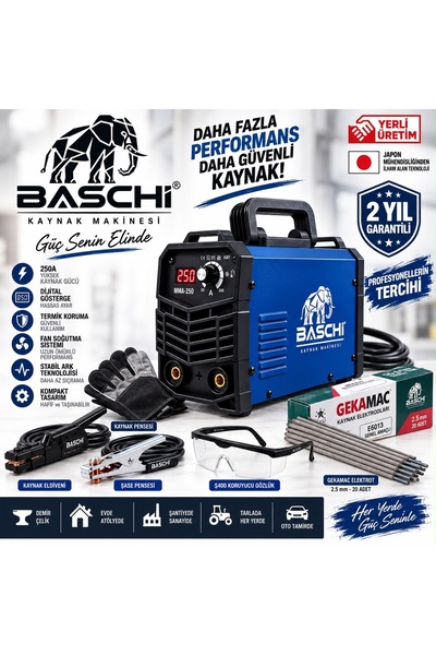 BASCHI MMA-250 250 Amper İnverter Mini Çanta Kaynak Makinesi Seti | IGBT | Di...