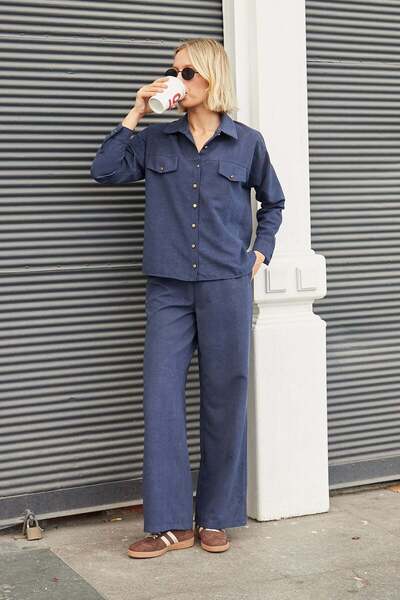 Jument Women's Crush Cupra High-Pocket Elastic Waist Wide-Leg Trousers-Navy Blue