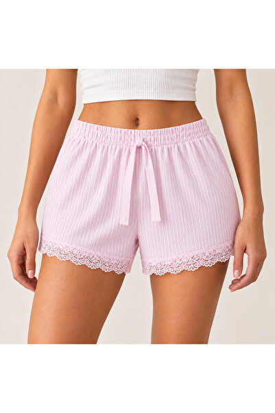 Kadın Dantel Detaylı Pembe Şort Fitilli Kumaş Beli Lastikli Bağcıklı Pijama Altı Ev Giyim