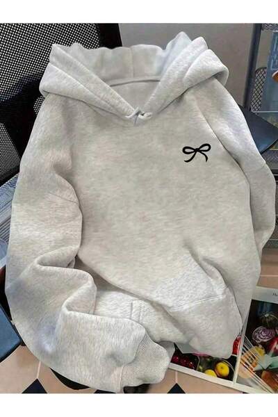 SeusCraft Gri Mini Kurdele Logo Sweatshirt - Baskılı Oversize Şardonlu Kapüşonlu