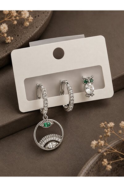 serelya Brass Zircon Stone Eye and Owl Model Silver Color 3-Piece Double Wome...