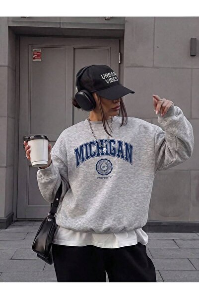 SeusCraft Gri Michigan Slogan Sweatshirt - Baskılı Oversize Şardonlu Bisiklet Yaka