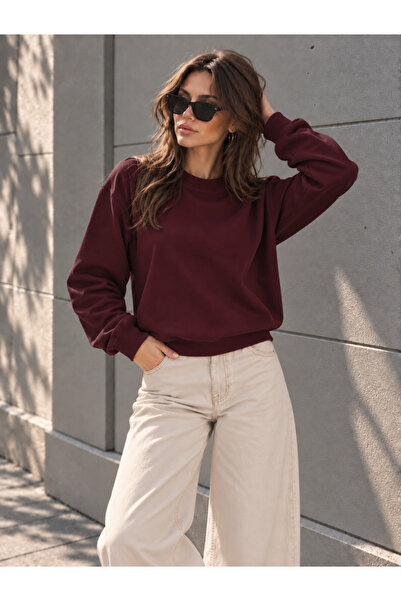 Warasiva Kadın Bordo Sweat Modal Kumaş Oversize Basic Bisiklet Yaka Sweatshirt