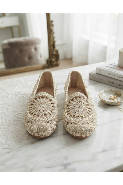 Hascan Shoes Bej El Örgüsü Motifli Hasır Babet