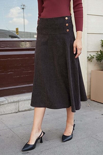Jument Women's Velvet Jeans High Waist Corseted Buttoned Midi Skirt - Brown