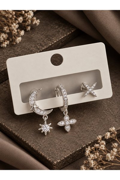 serelya Brass Zircon Stone Flower and Moon Model Silver Color 3-Piece Double ...