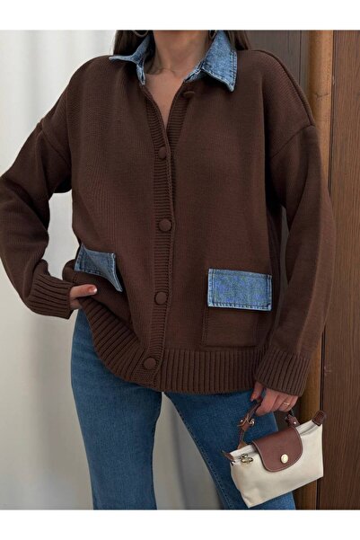 MADAME MELEK Premium Denim Detailed Oversized Knitwear Cardigan Jacket with D...