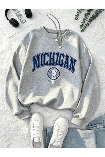 SeusCraft Gri Michigan Slogan Sweatshirt - Baskılı Oversize Şardonlu Bisiklet Yaka