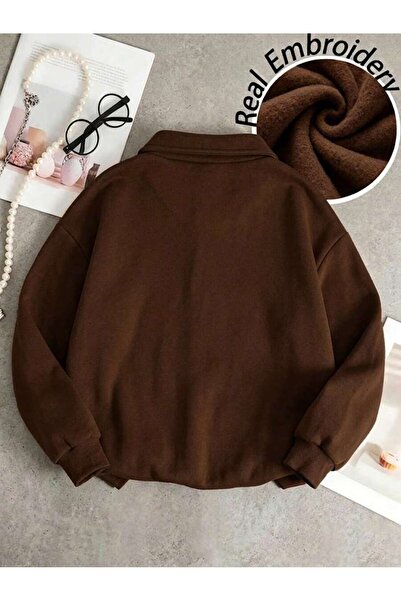 SeusCraft Kahverengi Desensiz Düz Fermuarlı Sweatshirt - Oversize Dik Yaka