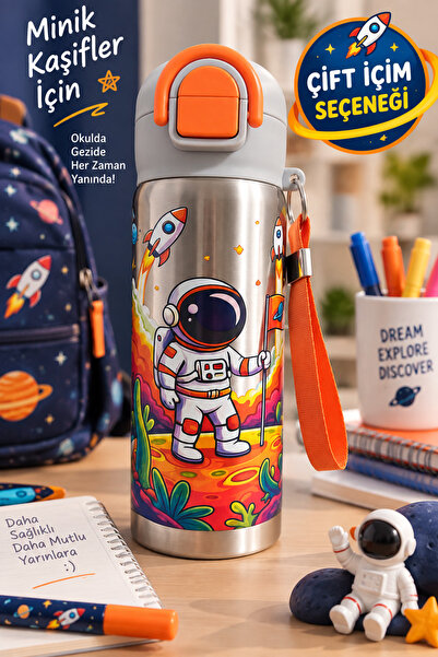 MEDUSHOP Astronaut Patterned 600 ml Steel Children's Water Bottle with Straw ...