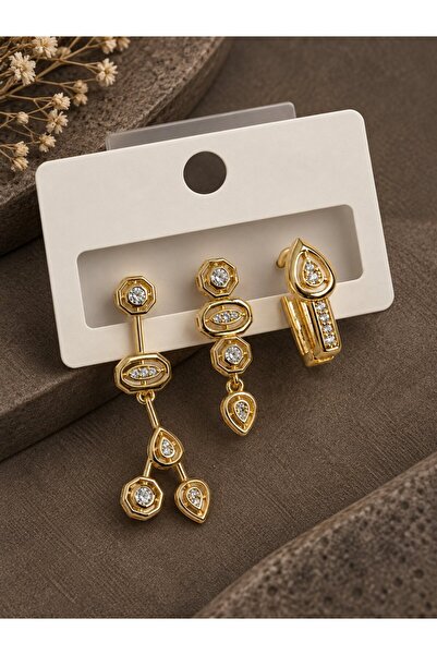 serelya Brass Zircon Stone Geometric Model Gold Color 3-Piece Women's Earrings