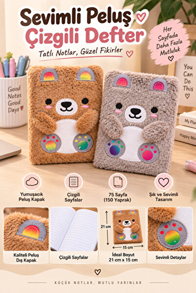 Yenilig Cute Plush Teddy Bear Striped Notebook Set – 75 Pages with Soft Plush...