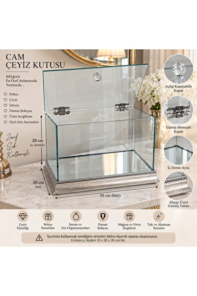 AYZ HOME Cam Çeyiz Kutusu 35x20x20 cm Gümüş Menteşeli Kapaklı Ayna Tabanlı Bo...