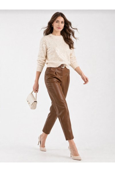 MAİMODA Women's Faux Leather Belted Carrot Pants