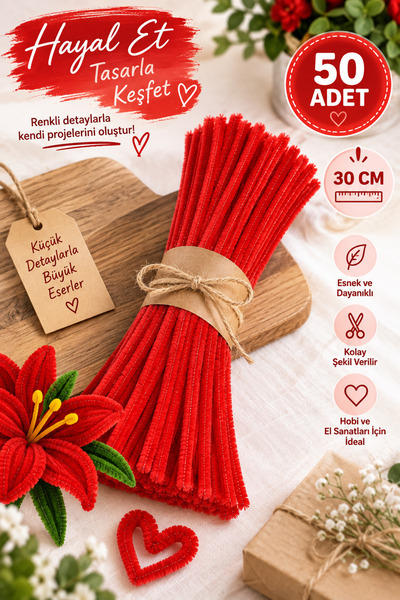 ASL ArtPaper Kırmızı Şönil Tel 50 Adet 30 cm – Çiçek Yapımı, Hobi ve El Sanat...