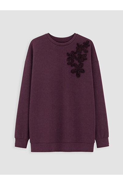 LC Waikiki Peak New Season Plum Embroidered Soft Touch Women's Sweatshirt Tunic