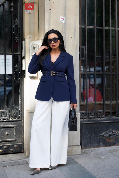 Ortaya Çık Lacivert Çift Kemerli Blazer Ceket