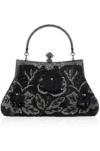 Generic Vintage Floral Pearls Rhinestone Embroidery Evening Clutch Black Cros...