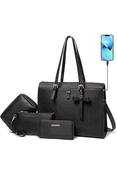 Keyli 4pc Sets Laptop Bag for Women Large Leather Laptop Briefcase with USB C...