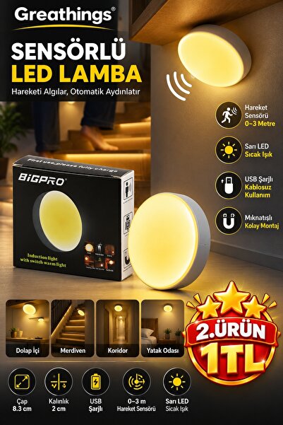 Greathings Sarı LED 8,3 cm Yuvarlak Lamba USB Şarjlı 0-3 m Hareket Sensörlü G...