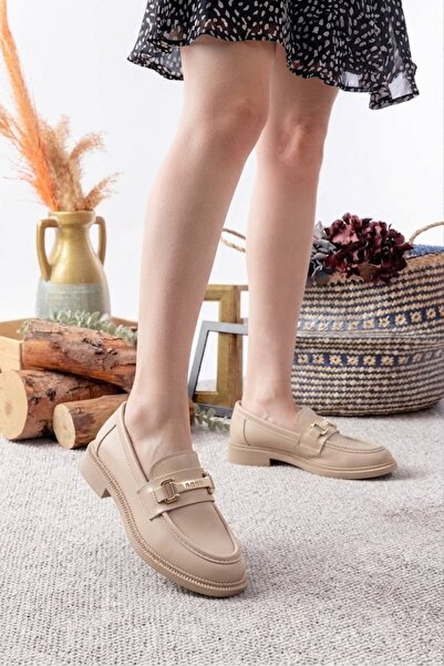 MCASERING Günlük Kadın / Kız OXFORD Kolej Loafer Nonu Toka Bej Cilt Ayakkabı