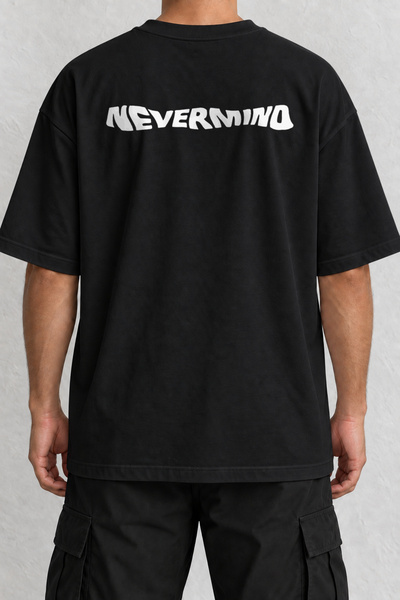CrowsGate Nevermind Wavy Text Back Print Oversize Black T-Shirt