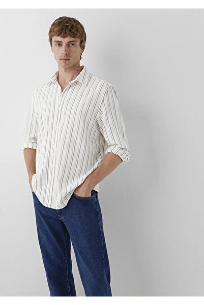 Mavi Men's Ecru Striped Shirt Pot Shirt on Antique White Background