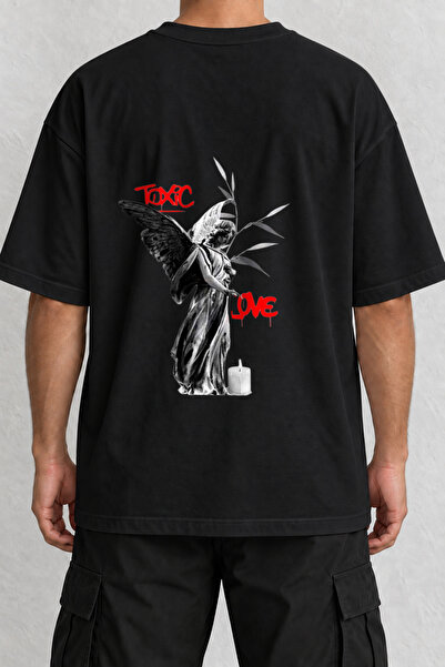 CrowsGate Toxic Love Angel Back Print Oversize Black T-Shirt