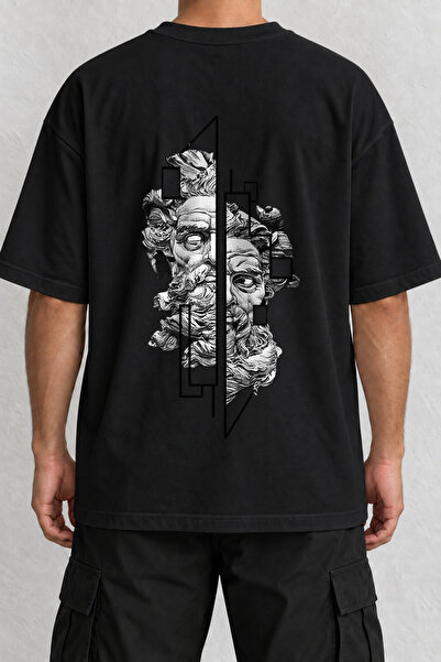 CrowsGate Geometric Zeus Back Printed Oversize Black T-Shirt