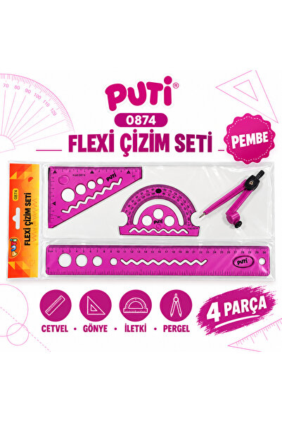 0874 Flexi Esnek Pergelli Çizim Seti 4 Parça 30 cm Cetvel Gönye İletki Pergel