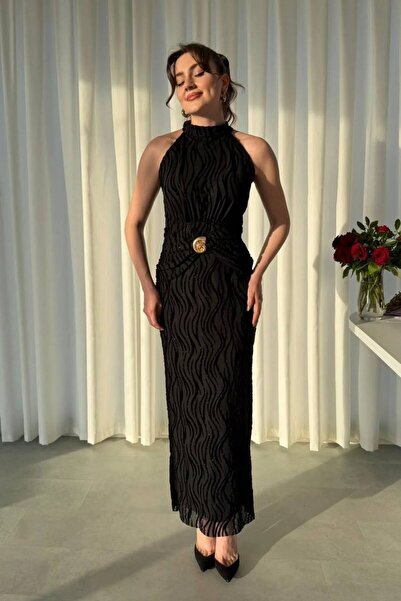 By BAYANA Women's Halter Neck Zebra Sim Patterned Long Evening Dress with Met...