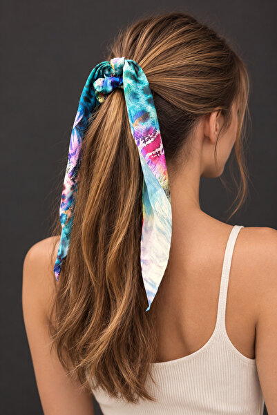 ByMerve Bym Women's Colorful Marbled Satin Scarf Elastic Ponytail Hair Clip
