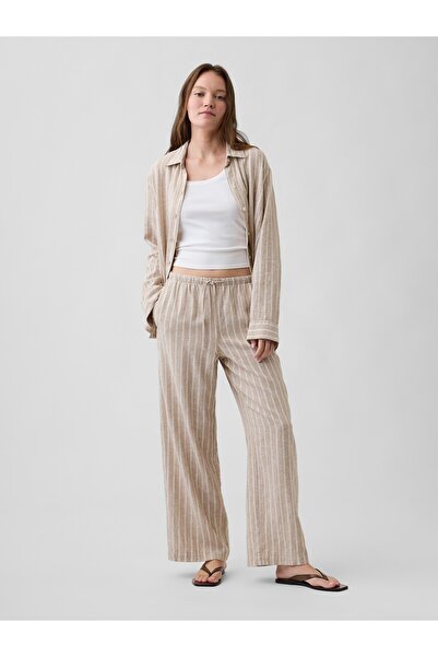 GAP Kadın Bej Relaxed Keten Karışımlı Wide-Leg Pantolon