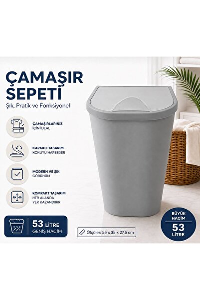 Turkco 53 Litre Büyük Boy Kapaklı Çamaşır Sepeti Dar Alan Uyumlu Banyo Kirli ...