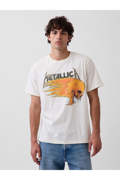 GAP Erkek Krem Metallica Relaxed Grafik Baskılı T-Shirt