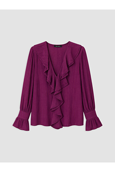 LC Waikiki Peak New Season Plum V-Neck Ruffled Blouse