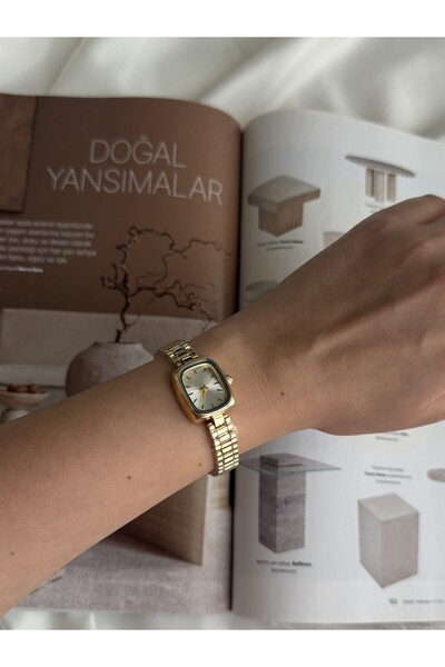Kadın Gold Kol Saati Kare Kasa Quartz Vintage Minimal Zarif Bileklik Saat