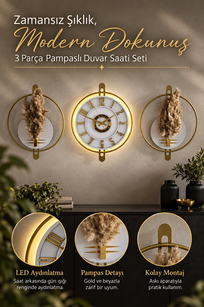 Pey Aksesuar 3 lü Gold Saat Çiçeklik set 40 x 50 çiçek pampas hediyedir