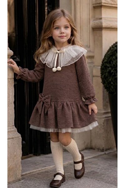 PARK BEBE Girl's Tulle Collar Detailed Pompom Knitted Camisole Fabric Dress w...