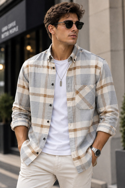 YNGMENCLASS Single Pocket Detail, Plaid Patterned, Soft Textured Cotton Winte...